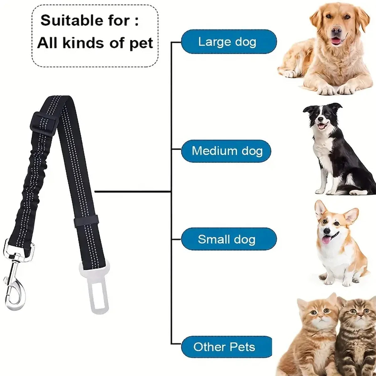 Dog car seat belt with bungee shock absorber by Mon ami à quatre pattes, adjustable safety harness for pets in vehicles.