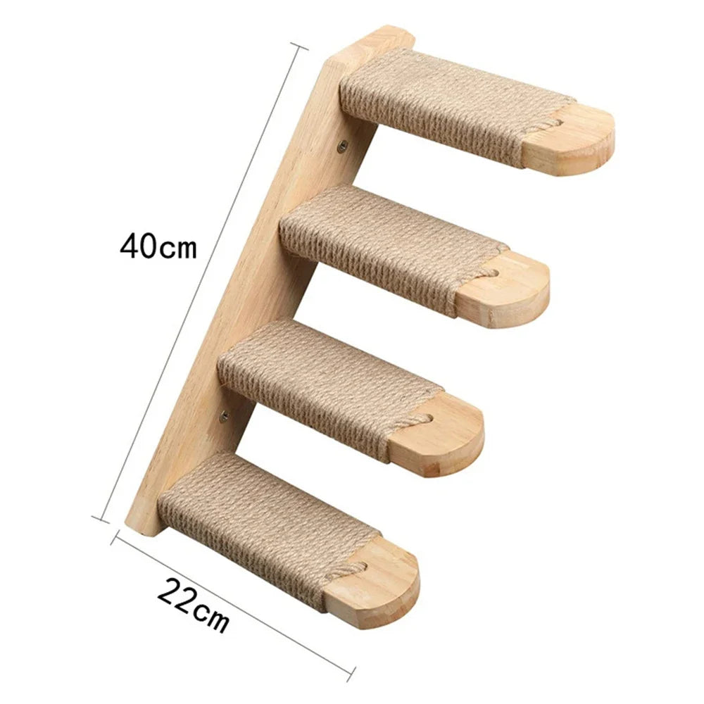 Wall mounted wooden cat shelves by Mon ami à quatre pattes, showing sleek, natural wood design for feline climbing and lounging.