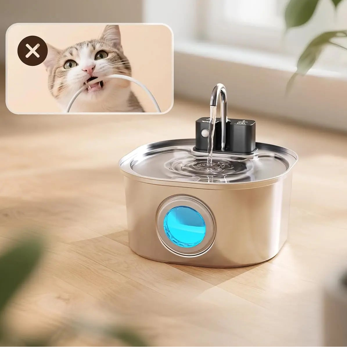 Wireless rechargeable pet water fountain by Mon ami à quatre pattes with flowing water and compact design for pets.
