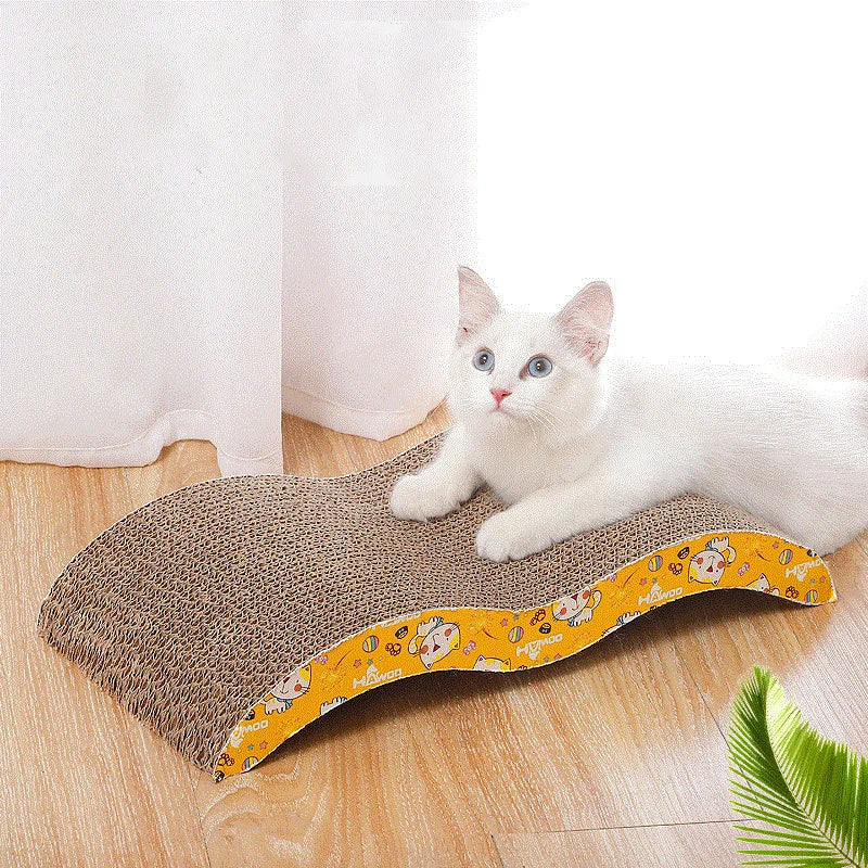 Cardboard cat scratcher sofa bed by Mon ami à quatre pattes, showing a cozy, foldable furniture piece for cats with scratching surfaces.