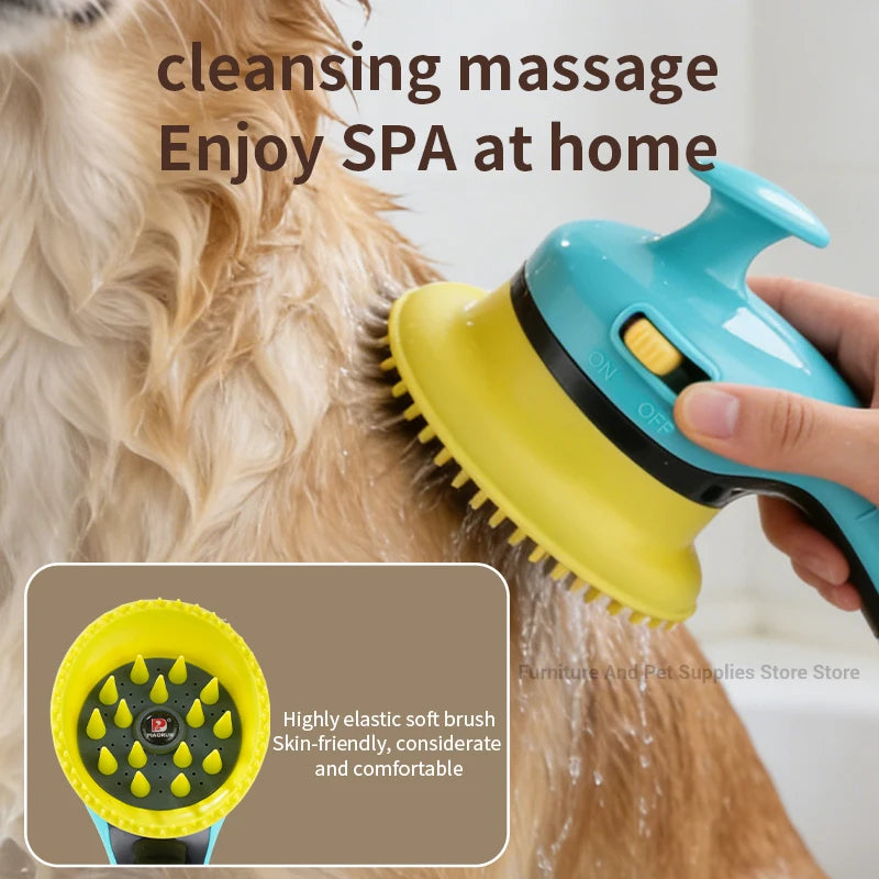 Dog and cat shower head with massage brush from My Four-Legged Friend, featuring multiple spray settings and ergonomic design.