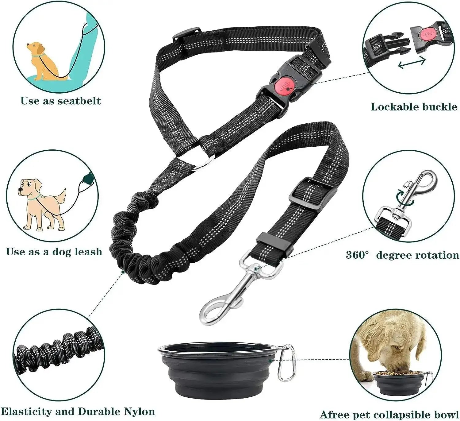 Dog sitting in a pet car seat belt by Mon ami à quatre pattes, showing adjustable strap and secure clip for car travel safety.