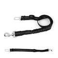 Dog car seat belt with bungee shock absorber by Mon ami à quatre pattes, shown attached to a car seat for secure pet travel.