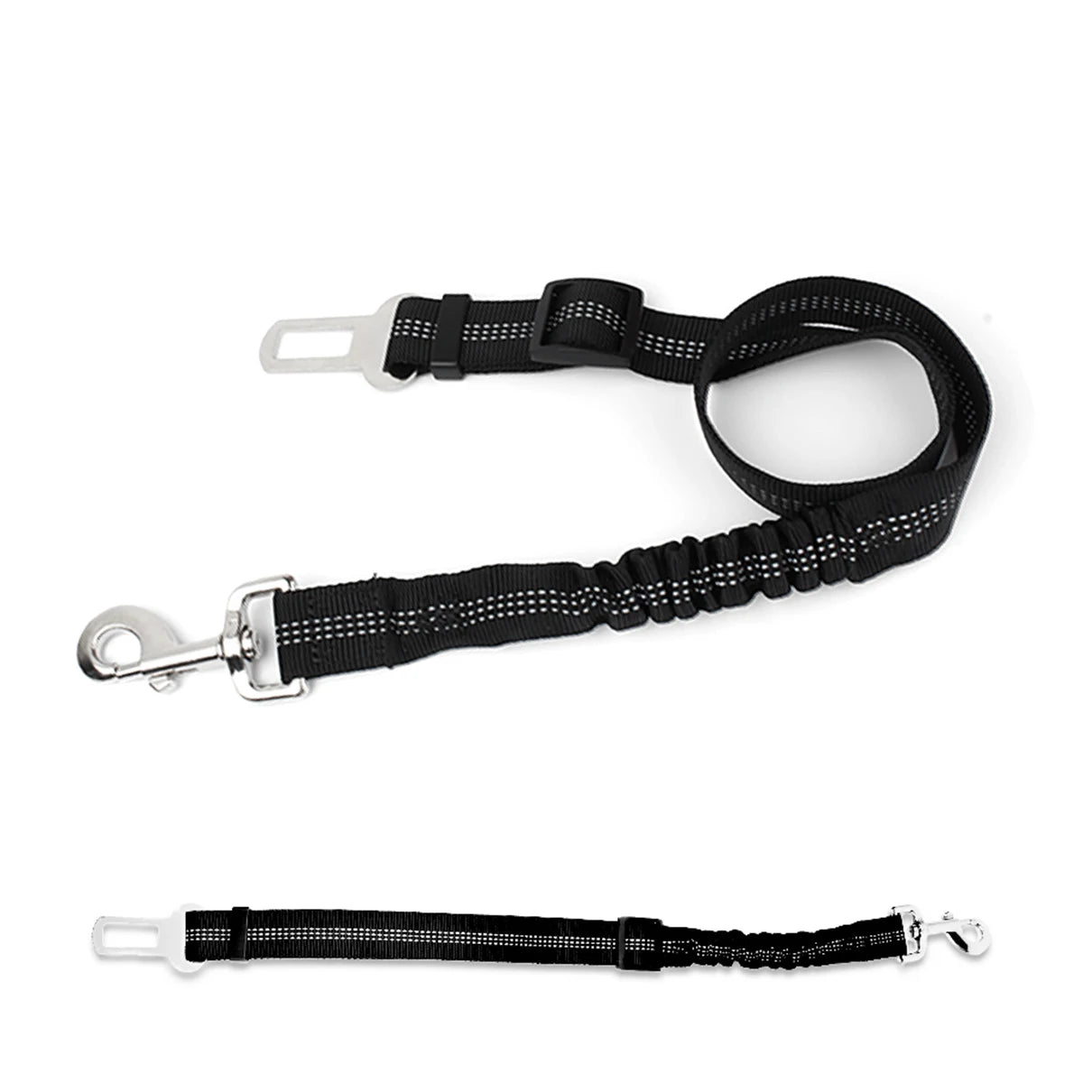 Dog car seat belt with bungee shock absorber by Mon ami à quatre pattes, shown attached to a car seat for secure pet travel.