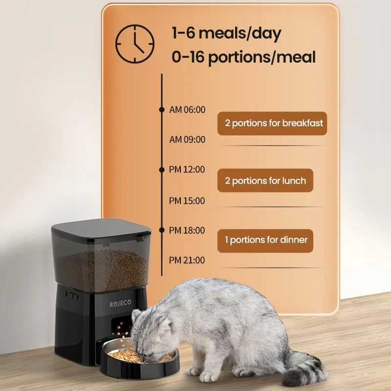Mon ami à quatre pattes automatic smart cat and dog feeder with digital controls and food dispensing tray.