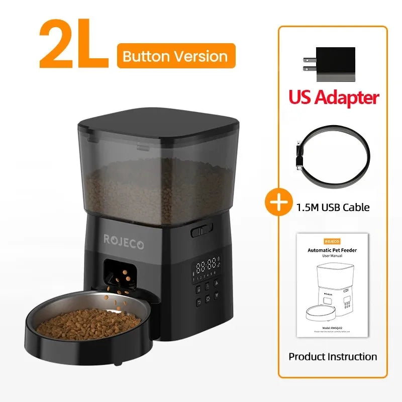 Mon ami à quatre pattes automatic cat and dog feeder with smart control, featuring digital display and food dispensing tray.