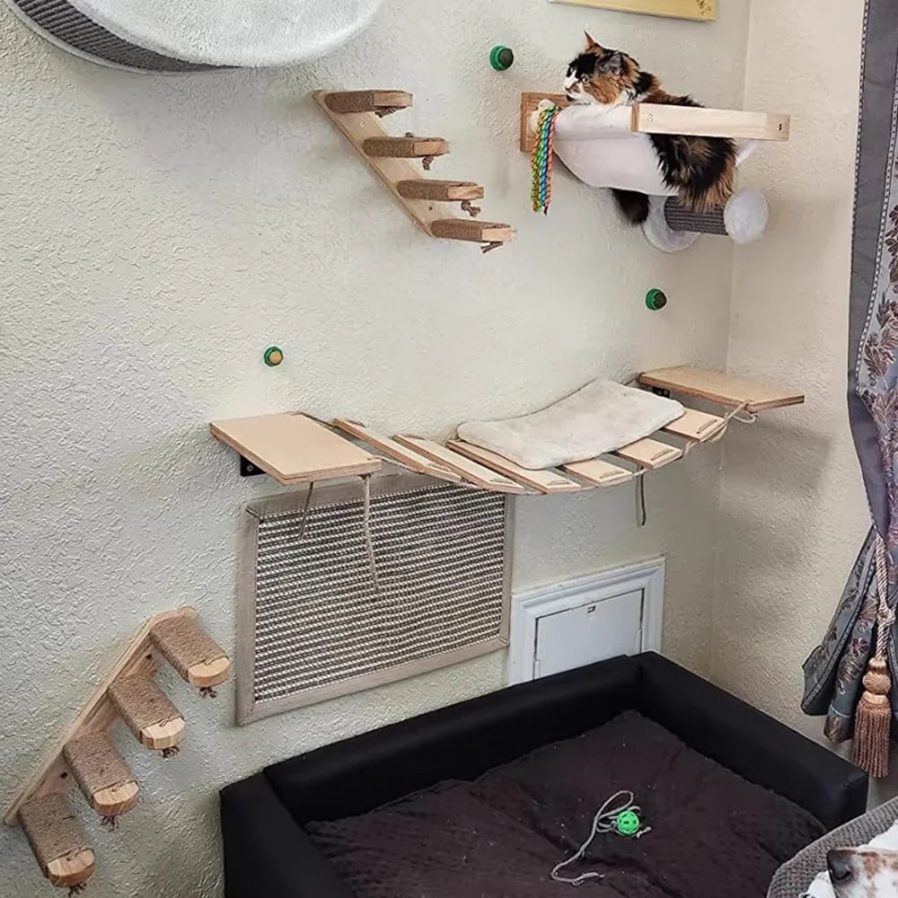 Wooden wall-mounted cat shelves by Mon ami à quatre pattes, featuring natural wood finish and multiple levels for feline climbing.
