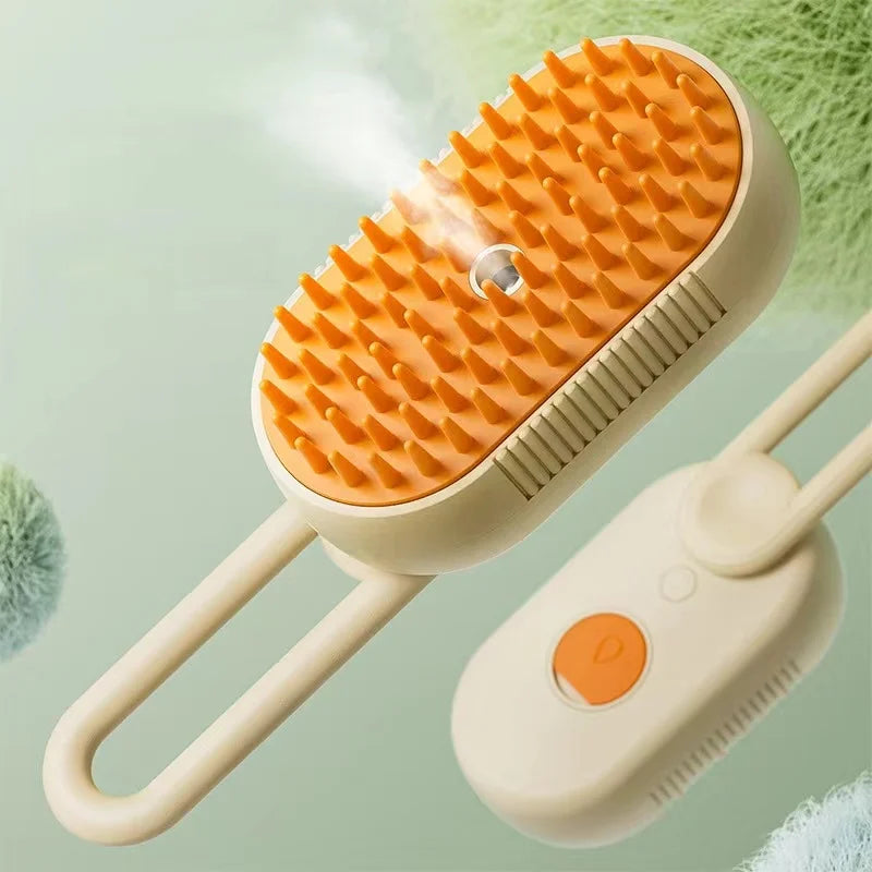 Mon ami à quatre pattes 3-in-1 electric pet steam brush showing a handheld device with steam outlet for grooming pets
