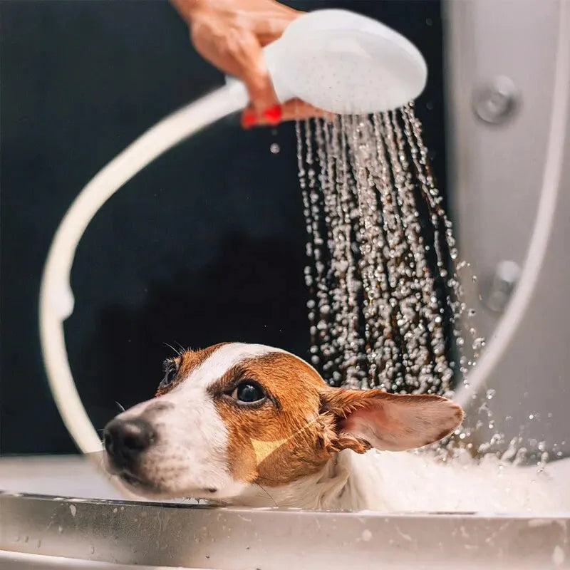 My Four-Legged Friend pet bathing shower sprayer for dogs and cats, handheld showerhead with adjustable water flow.