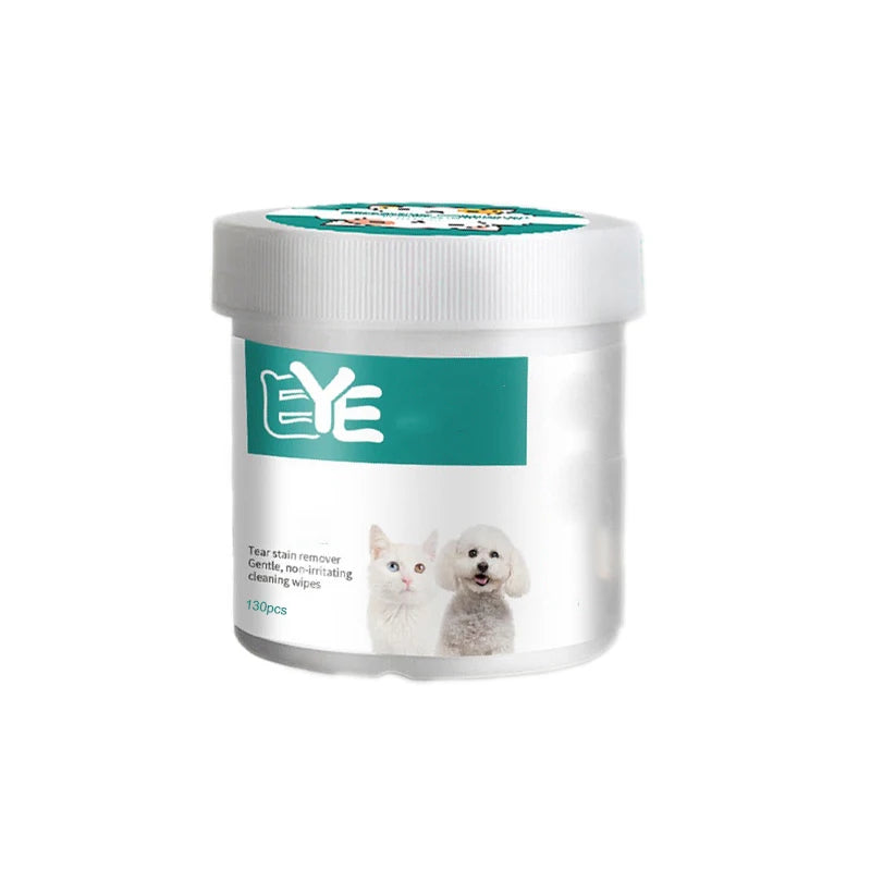 Pet eye wipes for dogs and cats by Mon ami à quatre pattes, 130 count, showing package and wipes for eye cleaning.