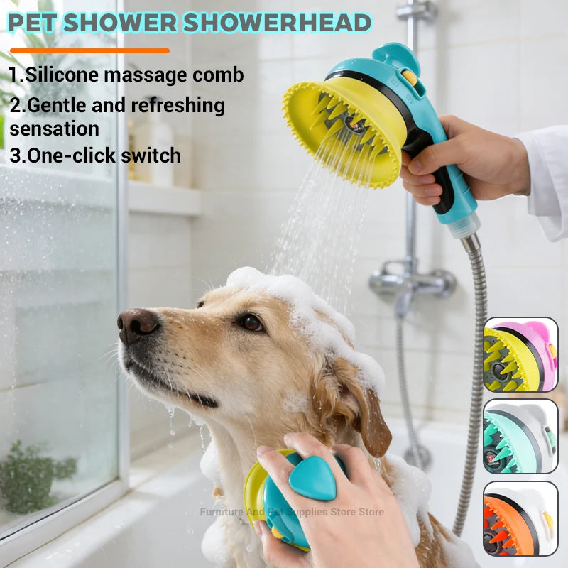 Dog and cat shower head with massage brush by My Four-Legged Friend, featuring a handheld design and gentle water spray for pets.