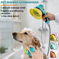 Dog and cat shower head with massage brush by My Four-Legged Friend, featuring a handheld design and gentle water spray for pets.