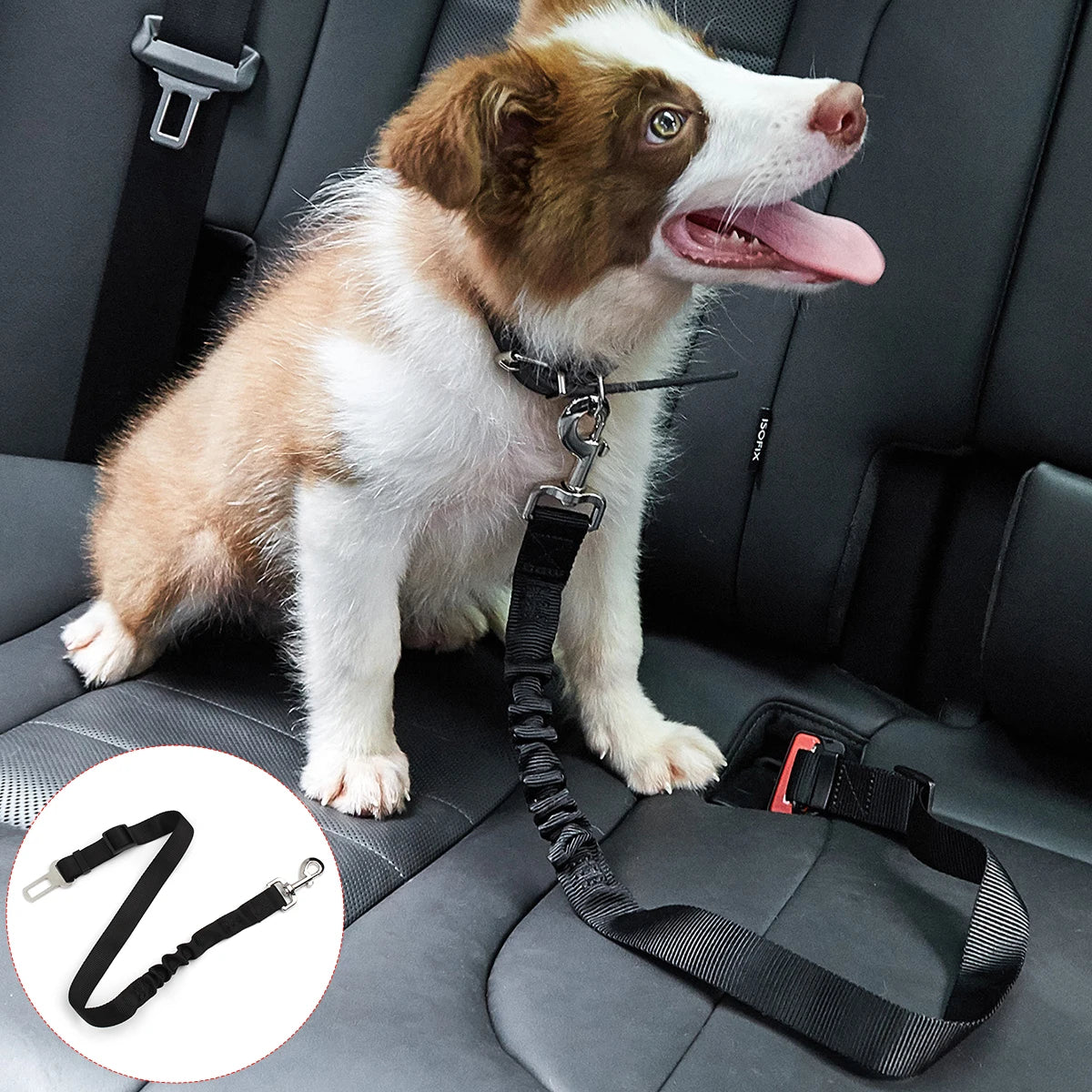 Dog car seat belt with bungee shock absorber by Mon ami à quatre pattes, shown secured in a vehicle for safety and comfort.