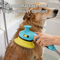 Dog and cat shower head with massage brush by My Four-Legged Friend, showing the adjustable shower nozzle and gentle massage bristles.