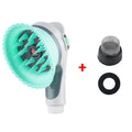 Dog and cat shower head with massage brush by My Four-Legged Friend, showing a handheld pet grooming and bathing tool with spray and brush features.
