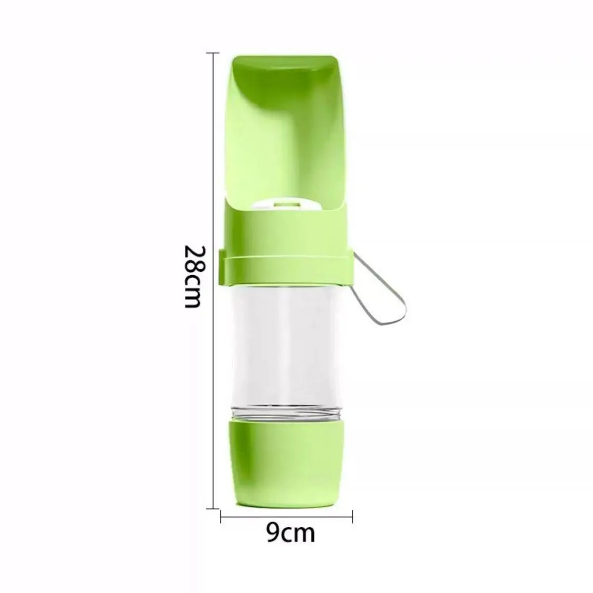 Portable Mon ami à quatre pattes dog water bottle with food container, compact design for outdoor pet hydration and feeding.