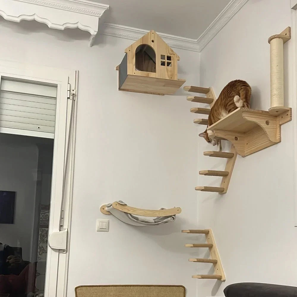 Wooden wall-mounted cat shelves by Mon ami à quatre pattes, featuring natural wood finish and multiple levels for feline perchings.