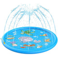 Dog playing on Mon ami à quatre pattes pet water sprinkler play mat with water jets and colorful design.