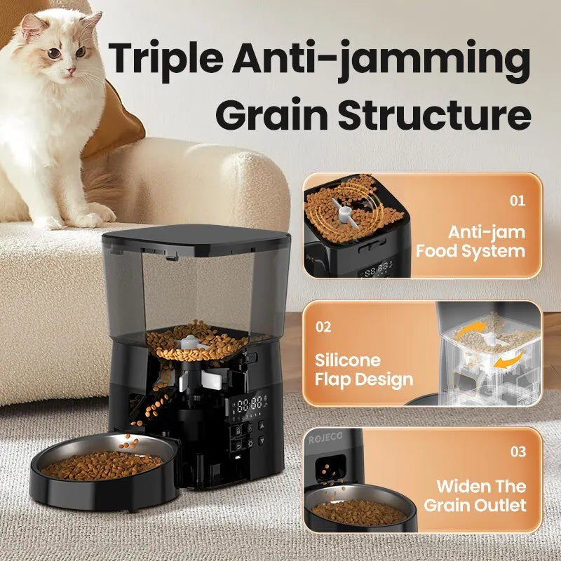Automatic cat and dog feeder by Mon ami à quatre pattes with smart control panel and digital timer for precise pet feeding.