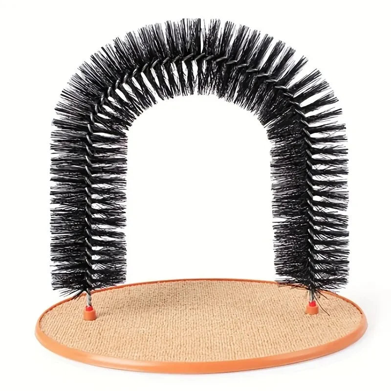 Cat self-grooming arch with brush by Mon ami à quatre pattes, featuring a curved design and soft bristles for easy grooming.