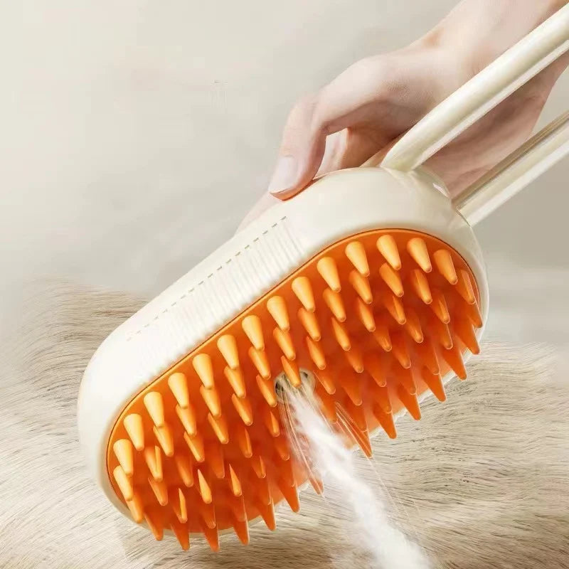 Mon ami à quatre pattes 3-in-1 electric pet steam brush with visible brush head and steam vents for grooming and cleaning pets.
