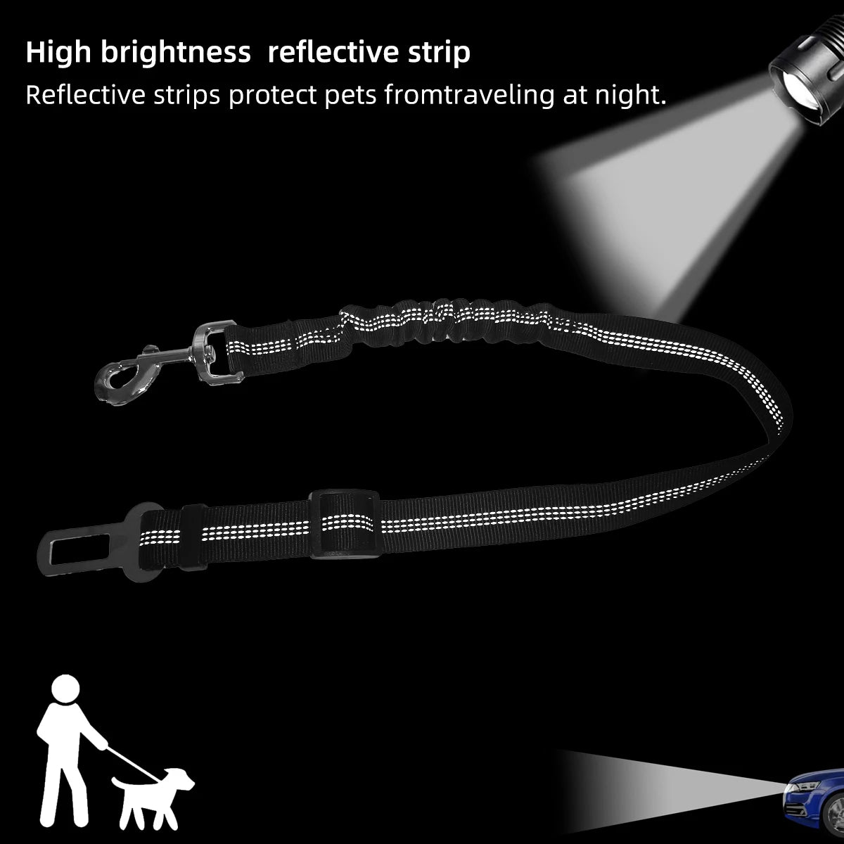 Dog car seat belt with bungee shock absorber by Mon ami à quatre pattes, showing the adjustable strap and shock-absorbing feature.