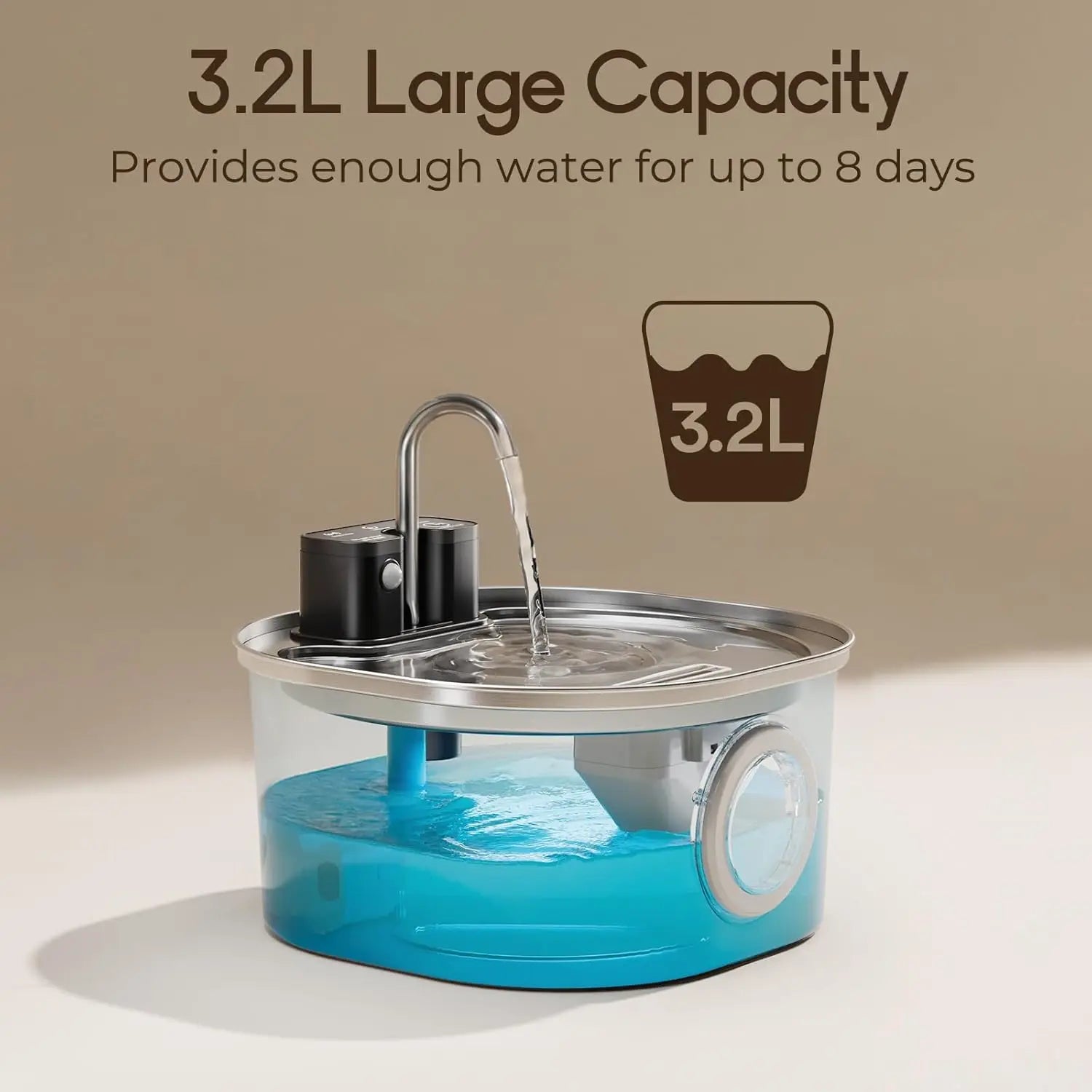 Wireless rechargeable pet water fountain by Mon ami à quatre pattes, showing the compact design with flowing water for pets.