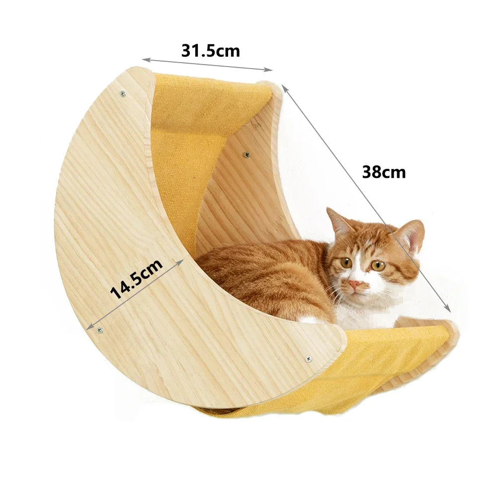 Wall mounted wooden cat shelves by Mon ami à quatre pattes, showing sleek, natural wood design for indoor feline play and resting spots.