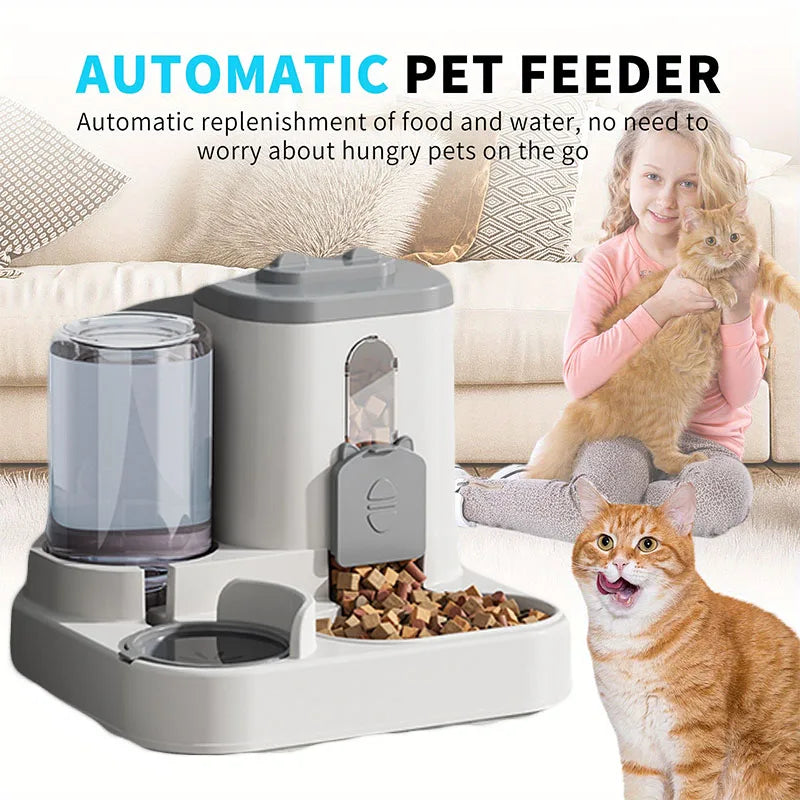 Large capacity cat feeder with water bowl by Mon ami à quatre pattes, featuring a smooth plastic design and multiple compartments.