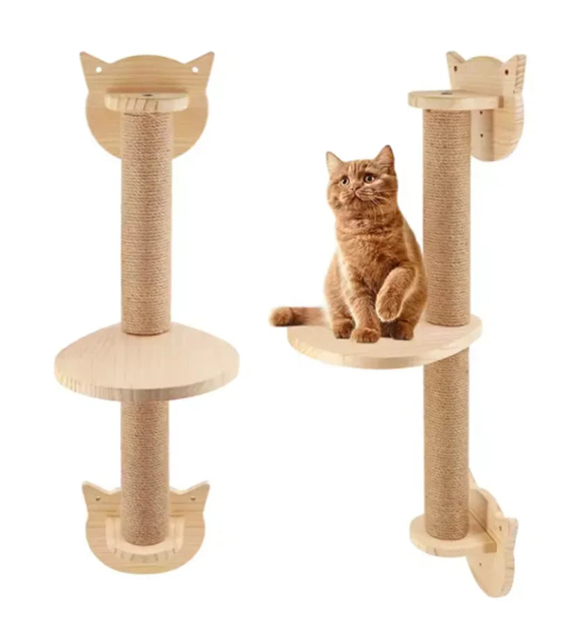 Wooden wall-mounted cat shelves by Mon ami à quatre pattes, showcasing sleek, natural wood design for feline climbing and resting.