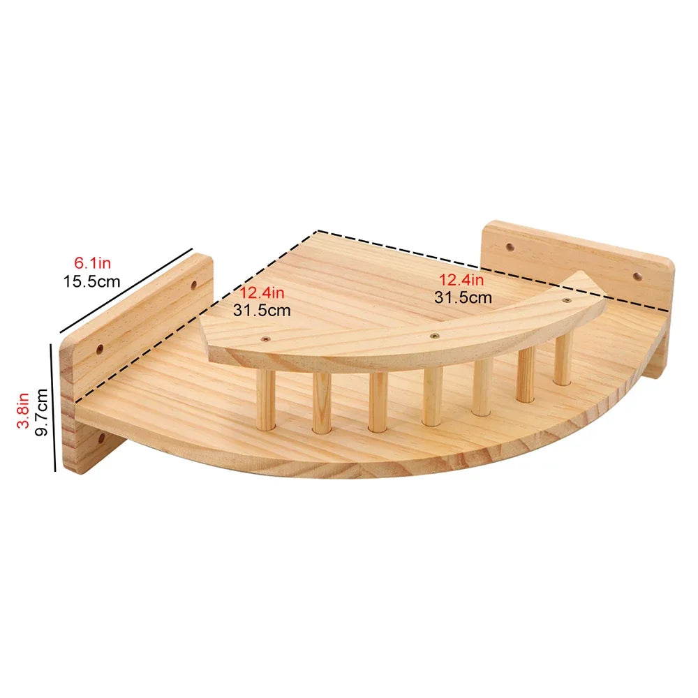 Wall mounted wooden cat shelves by Mon ami à quatre pattes, showing a set of stylish, natural wood feline climbing and resting platforms.
