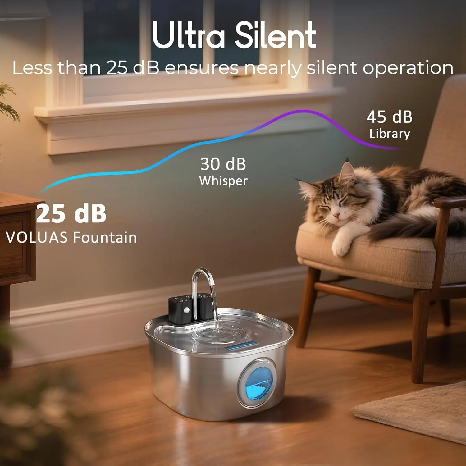 Wireless rechargeable pet water fountain by Mon ami à quatre pattes, showing the sleek design and flowing water spout for pets.