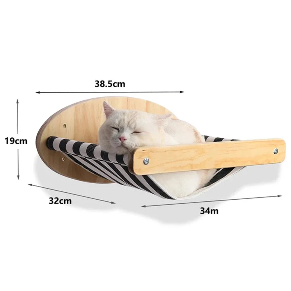 Wall mounted wooden cat shelves by Mon ami à quatre pattes, showcasing sleek, natural wood design for feline climbing and resting.