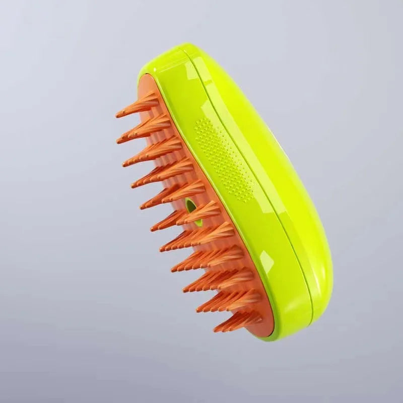 Mon ami à quatre pattes 3-in-1 electric pet steam brush with handle and steam vents for cleaning and grooming pets.