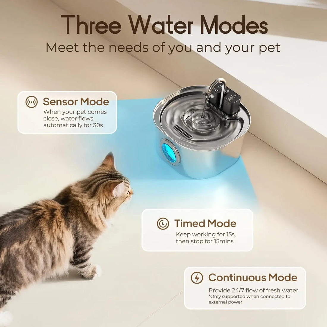 Wireless rechargeable pet water fountain by Mon ami à quatre pattes with flowing water and compact design for pets.